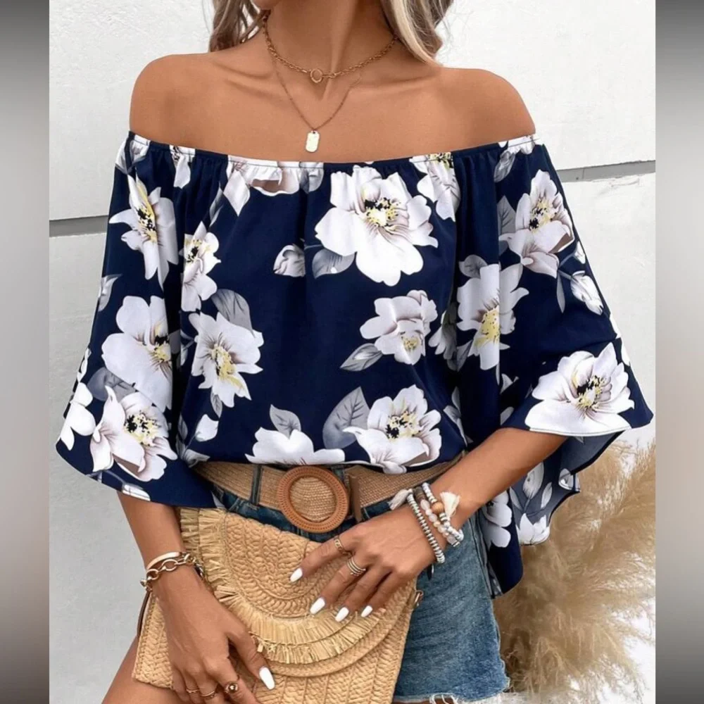 Boho floral print off shoulder flounce sleeve blouse